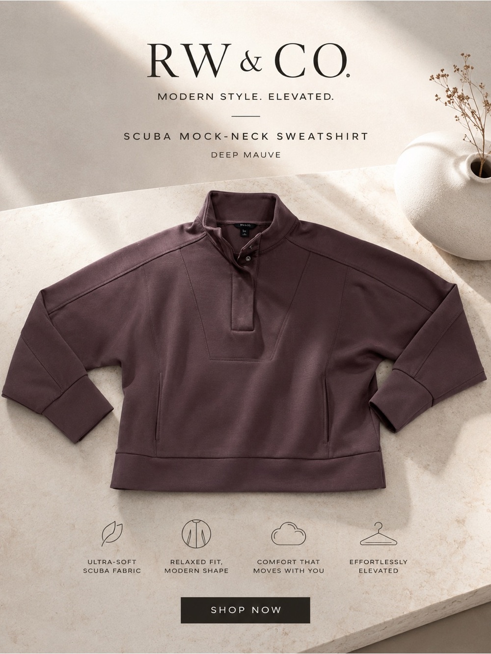 RW&CO. Scuba Mock-Neck Sweatshirt in Deep Mauve
